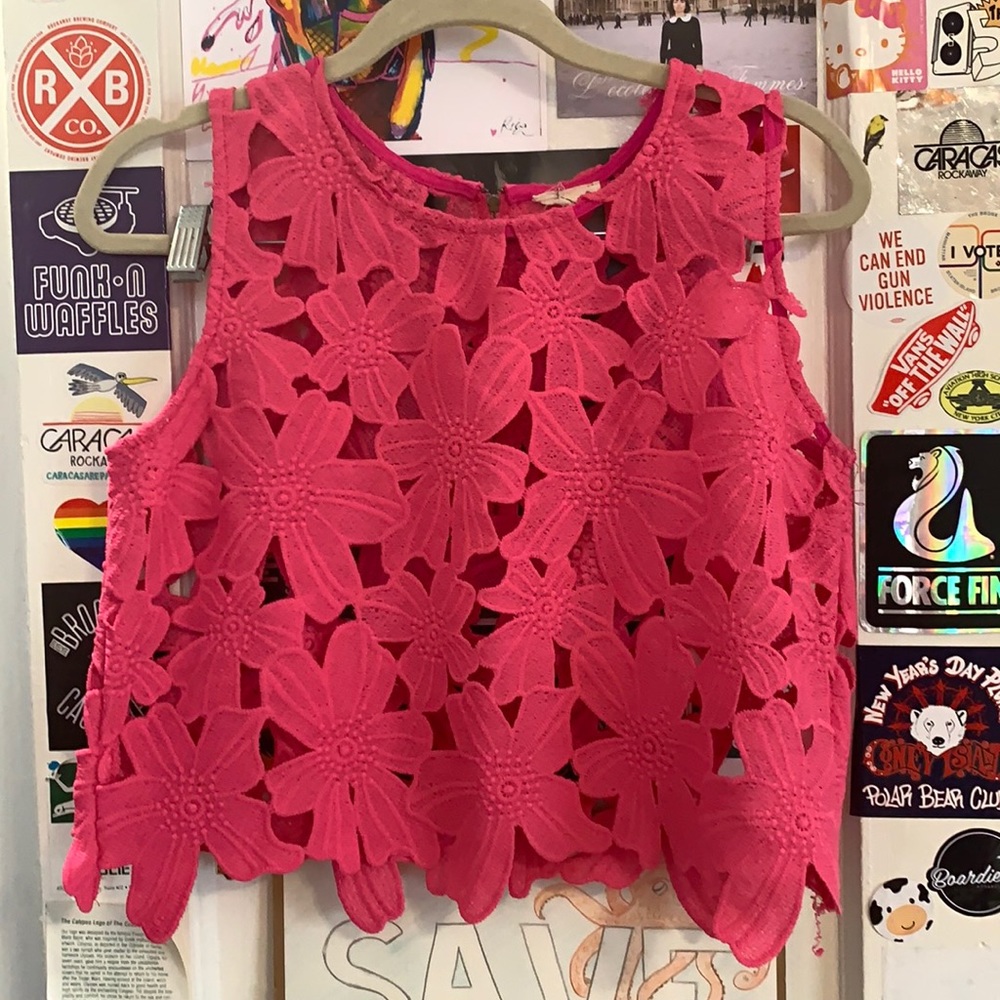 Pink floral lace crop top